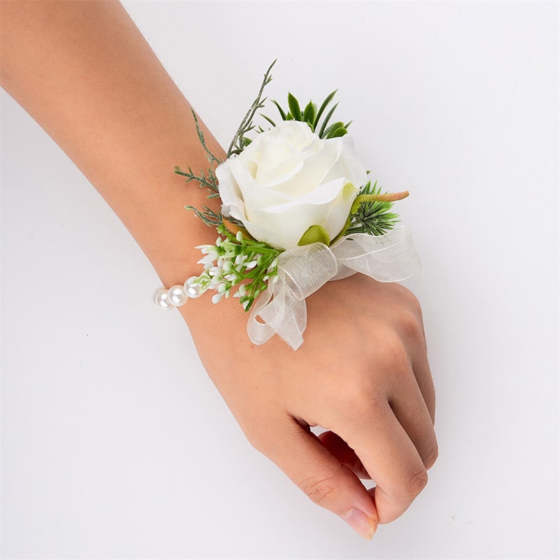 Exquisite Artificial White Rose Pearls Wrist Corsage, a token of elegance and refinement. Wear it with pride and let its charm captivate hearts