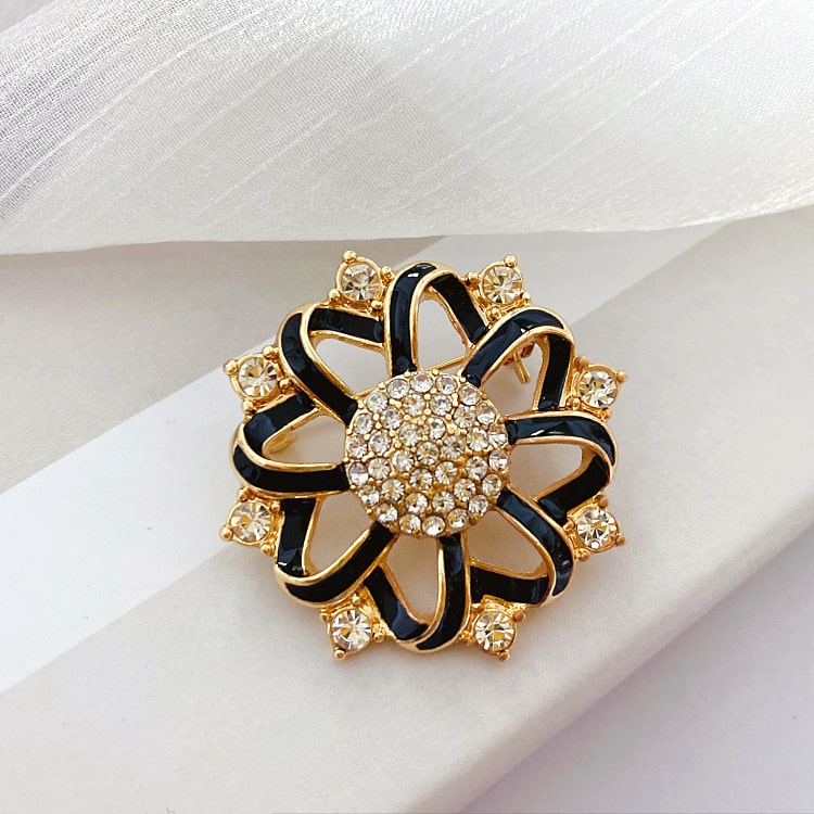 Drop Glazed Black Flower Brooch and Earrings Set for Special Events