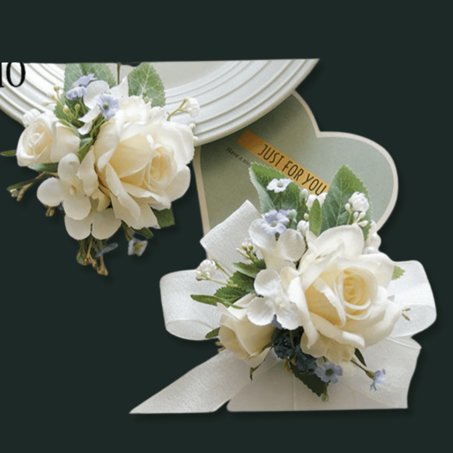 A delicate wrist corsage in ivory, meticulously handcrafted for timeless elegance.