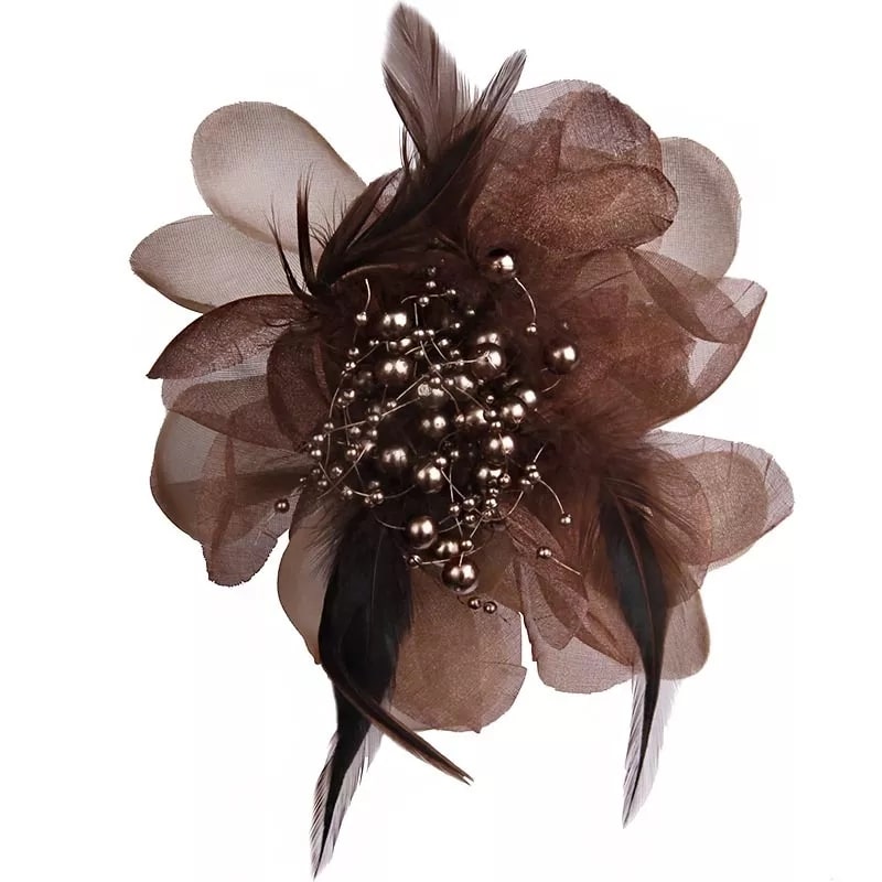 A large brown silk flower brooch adorned with pearls, elegantly crafted to enhance any outfit.