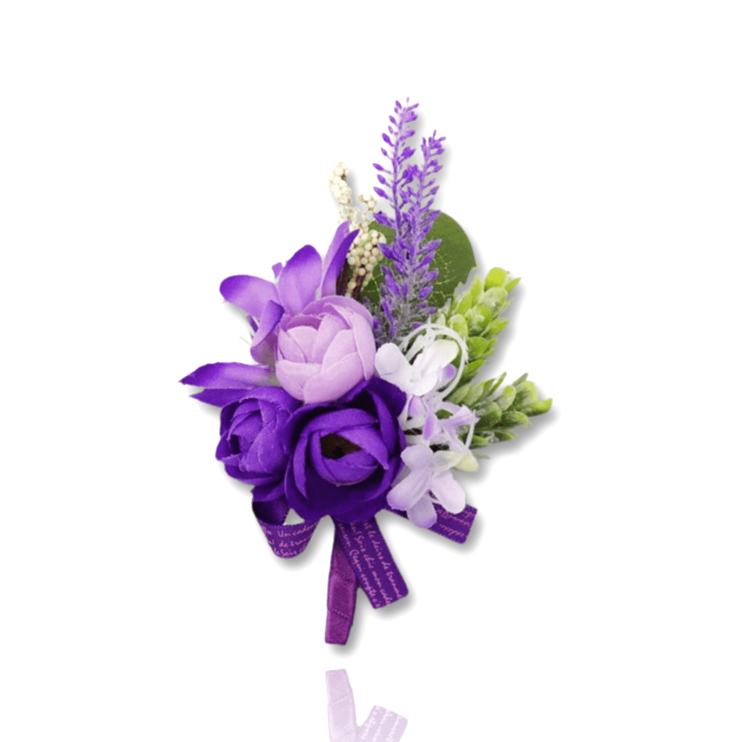 Experience the enchanting allure of this purple silk bouquet boutonniere corsage, a symbol of elegance and beauty