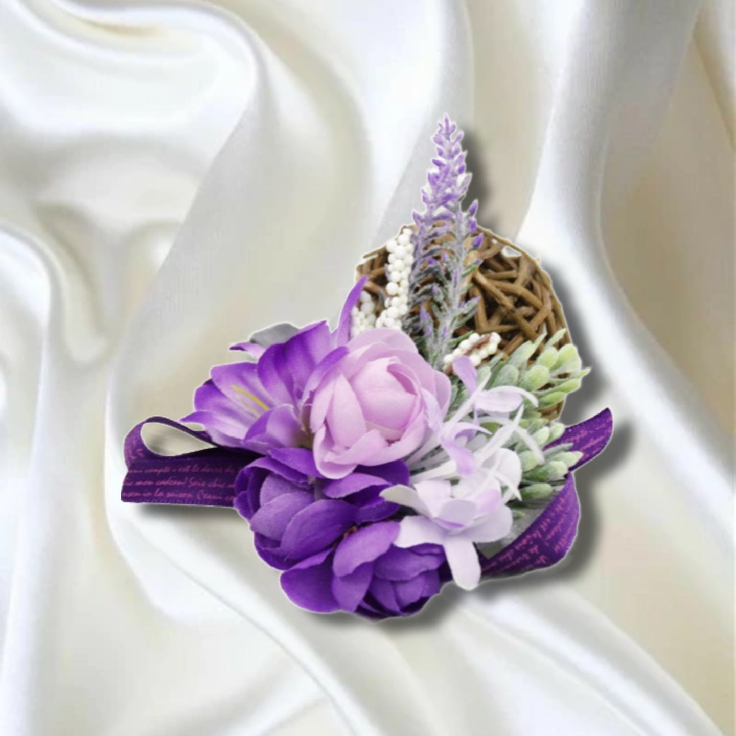 Wrap yourself in the enchanting elegance of this purple silk bouquet wrist corsage, a symbol of timeless beauty