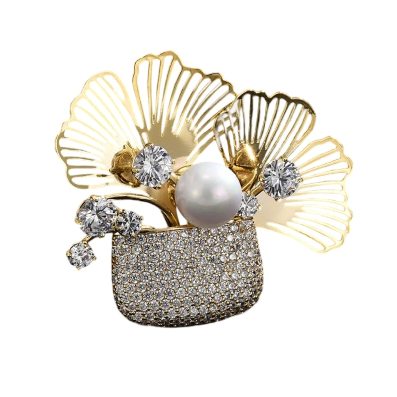 Luxurious golden brooch adorned with pearls, ginkgo leaves, and rhinestones symbolizing strength and hope