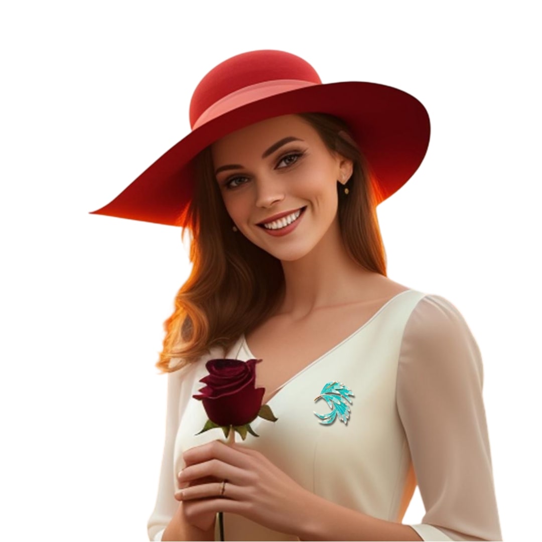 Woman in red hat and white dress, rose in hand, wearing stunning Classic Intricate Leaves Brooch