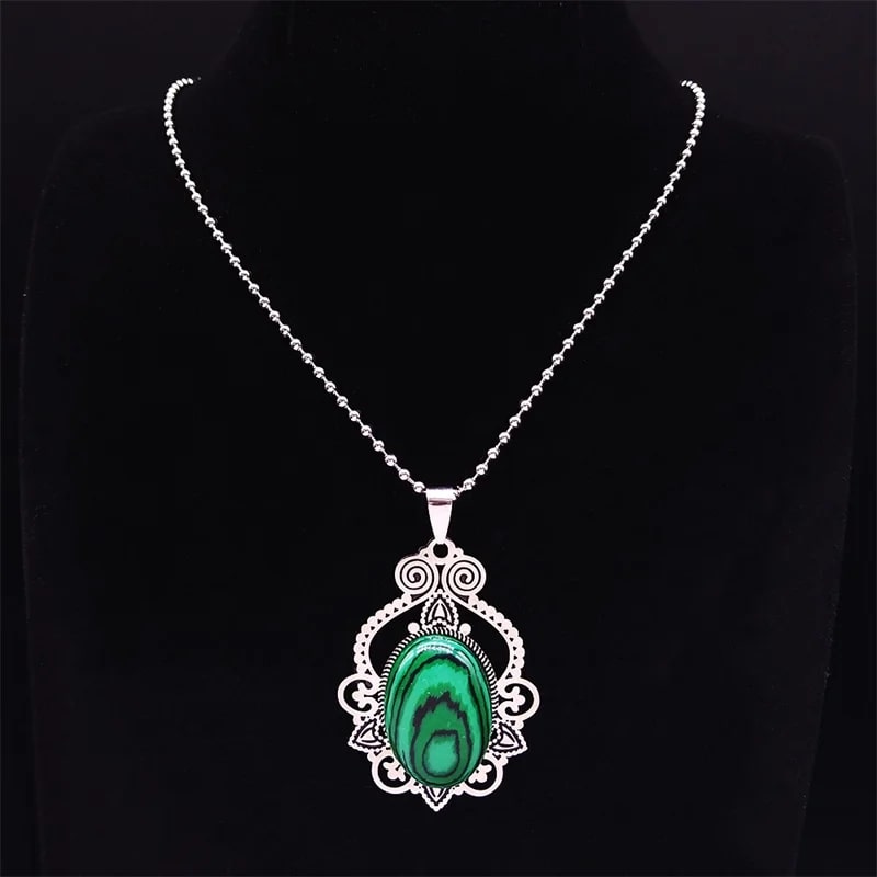 A piece from our tarnish free necklace line for women, this green malachite stone pendant is on a chain