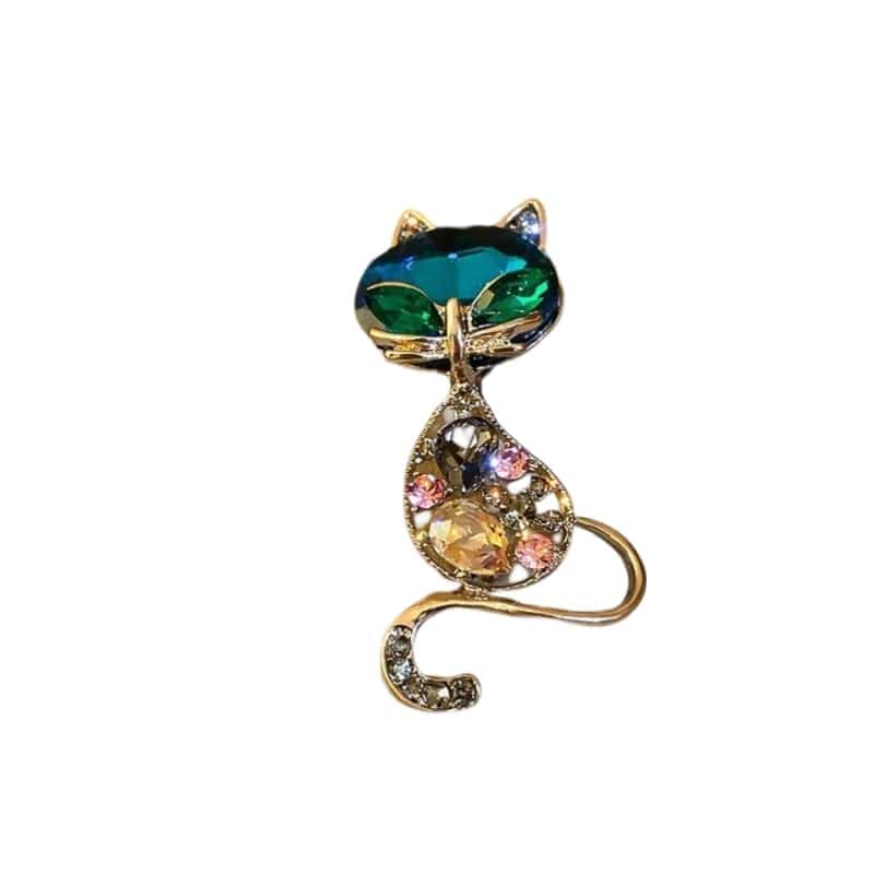 rhinestone cat pendant brooch with green and pink stones perfect for cat lovers