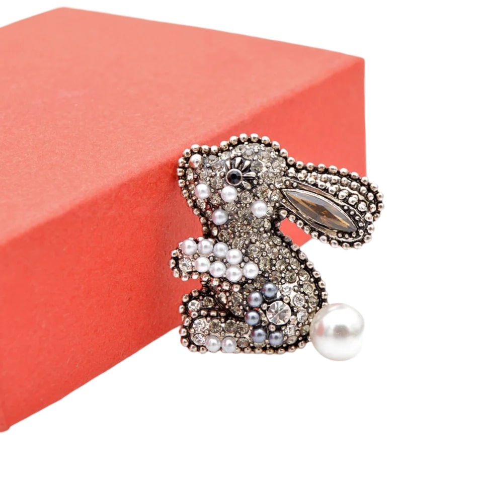 adorable silver rabbit brooch with pearls on a red box