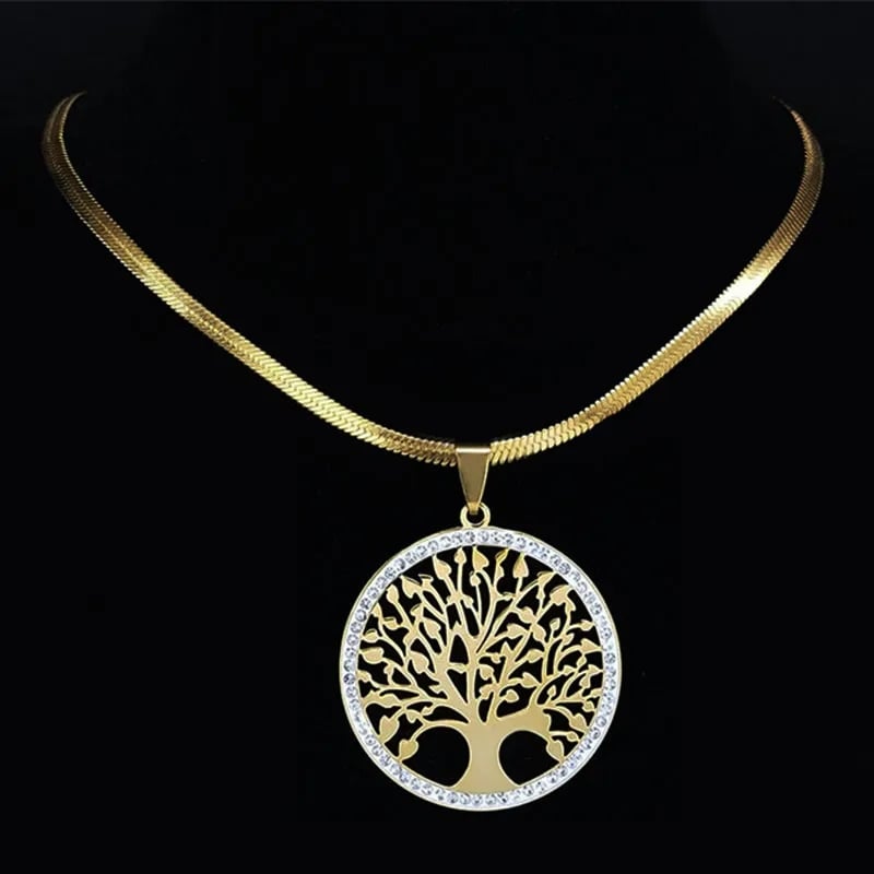 elegant golden Tree of Life necklace with diamond pendant, stainless steel chain, white rhinestones
