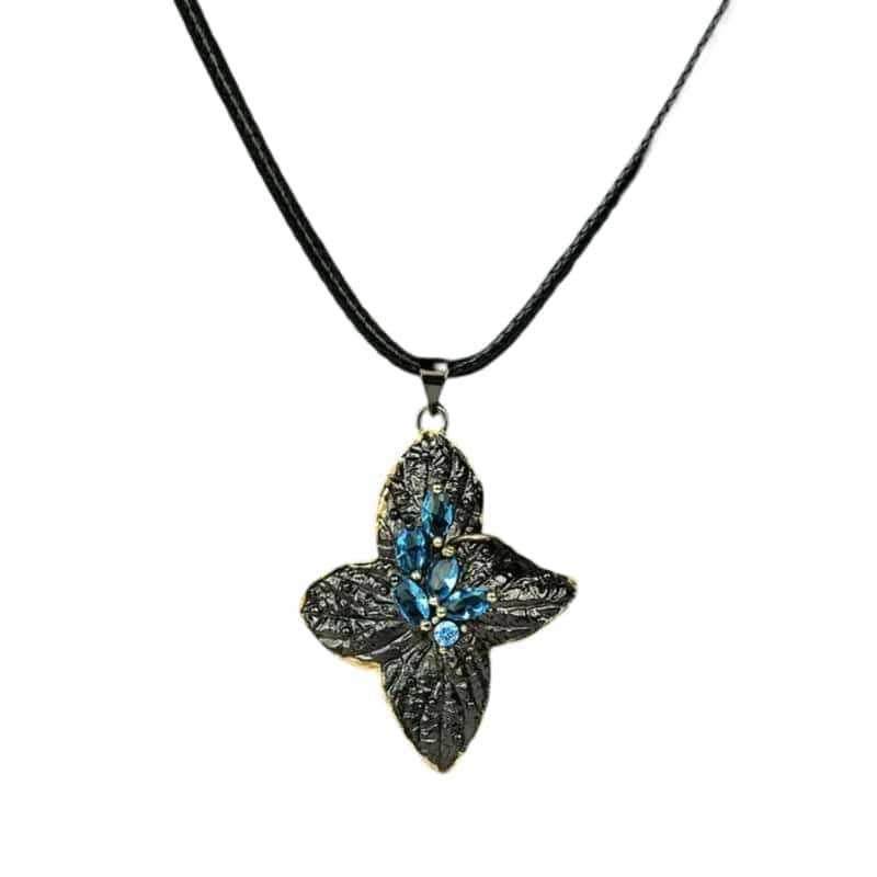 a black and blue flower pendant with blue crystals, the crafted starfish 925s silver necklace