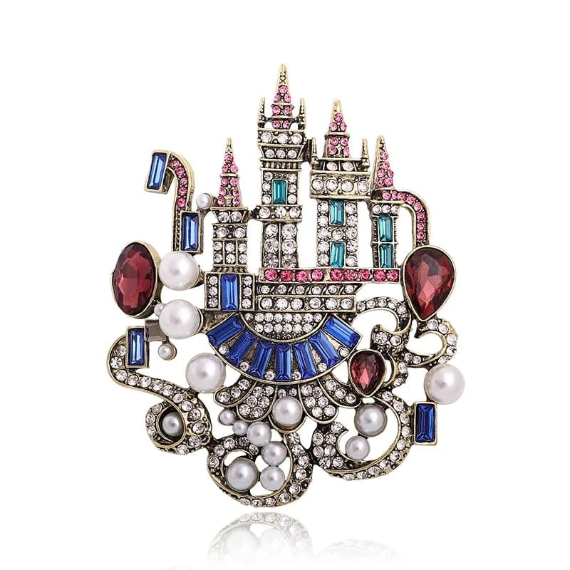 vintage European style castle brooch with intricate details, pearls and rhinestones for a touch of elegance