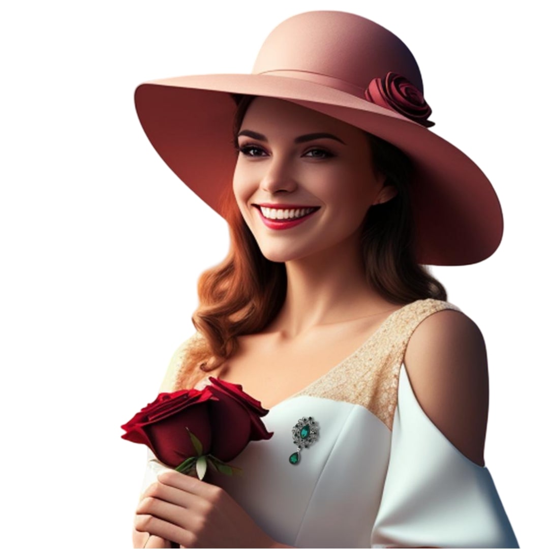 Lady in hat and dress, showcasing rose while donning Classic Intricate Leaves Brooch in enchanting light-blue tones