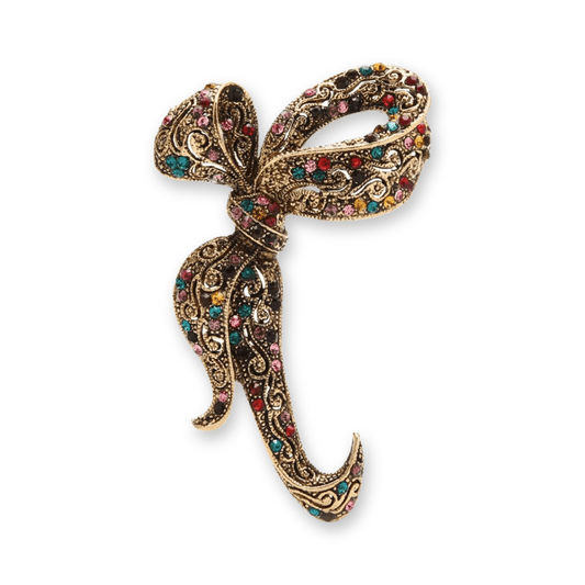 vintage gold bow brooch with multi colored stones
