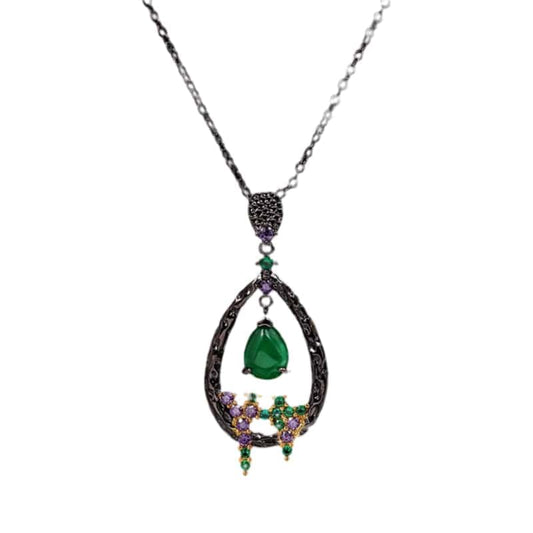  necklace with green stone and purple beads, amethyst Emerald 925s silver necklace, vintage-modern beauty, teardrop shape, elegant and sophisticated