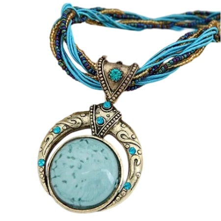 Blue and gold Bohemian Beaded Vintage Necklace with circular glass pendant