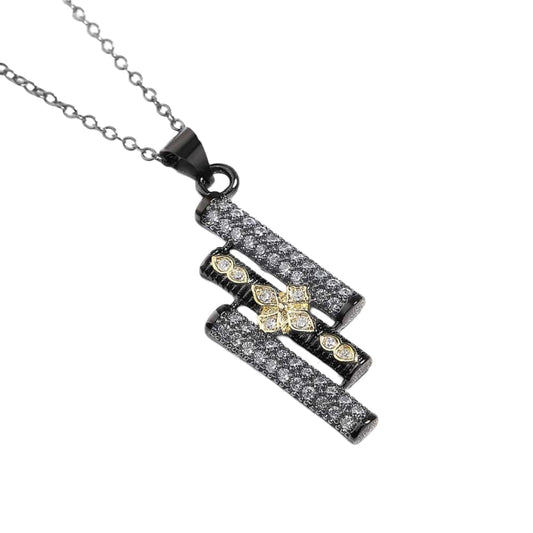 geometric diamond shape pendant with cross, adorned with silver-white gemstones. Bohemian style necklace with unique golden designs, perfect for women in the UK