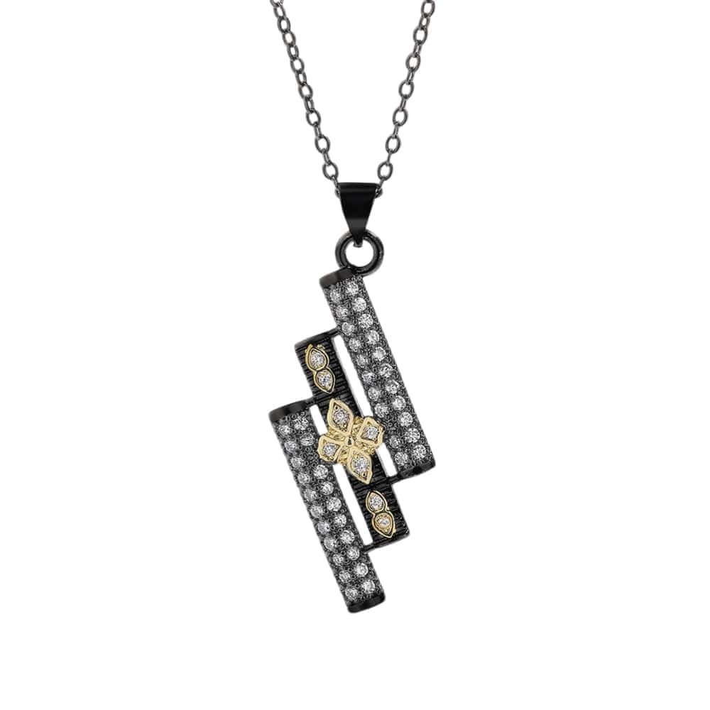 black and white necklace with diamond pendant, adorned with silver-white gemstones and unique golden designs