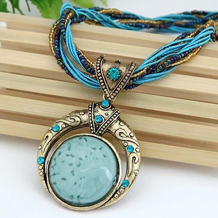 captivating Bohemian Beaded Vintage Necklace with circular glass pendant