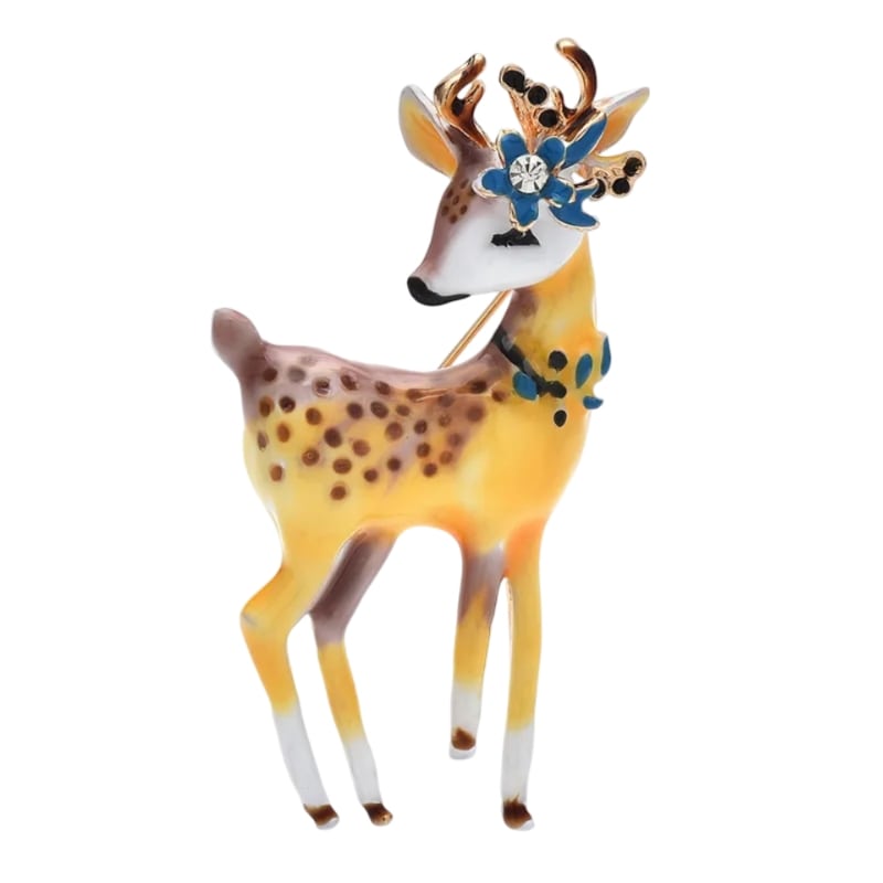 christmas deer brooch with blue flowers, intricate details, lean legs, and hide spots