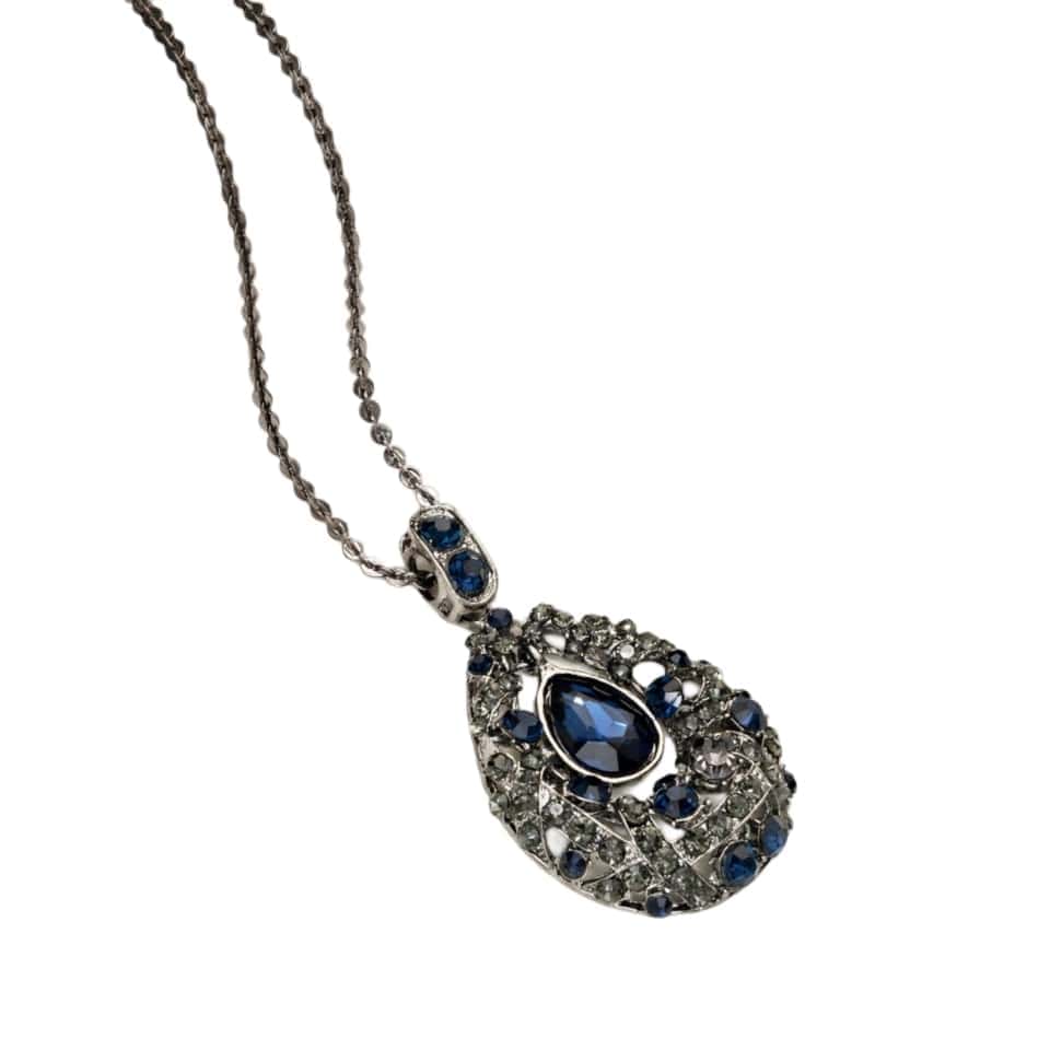 blue and silver tear-shaped pendant necklace with antique crystals water drop design