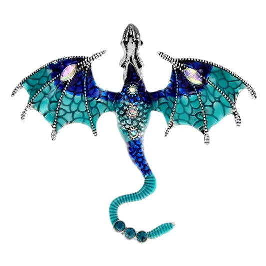 Charming dragon brooch with blue and green wings, exuding a mysterious vibe with crystals