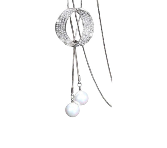 Fashionable earrings with pearl and silver chain, a trendy choice from the Ethnic Rhinestones Pearl Long Chain Necklace assortment.