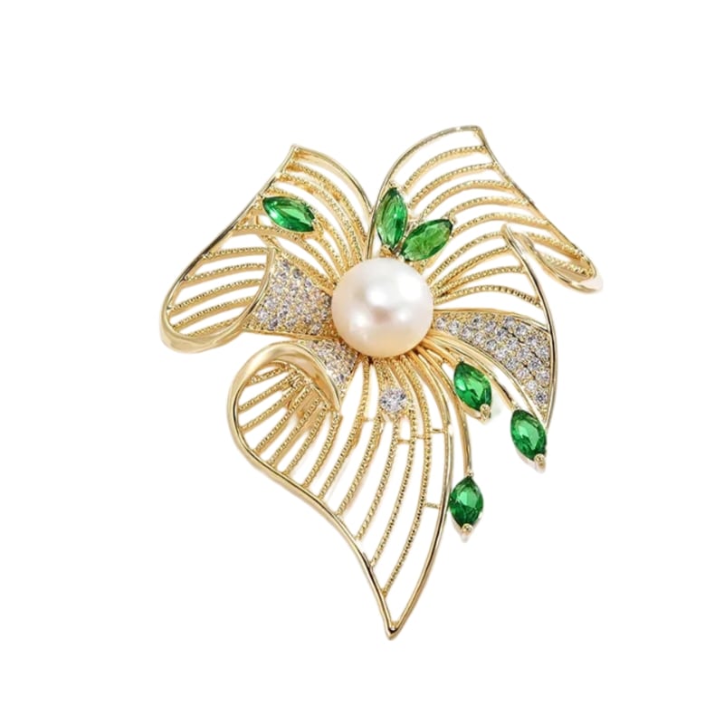 Exquisite Hollow Leaves Crystal Brooch with golden, emerald leaves, pearl, and rhinestones