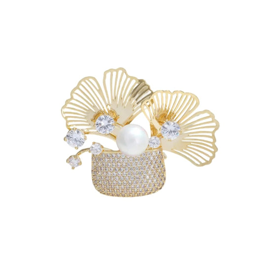 Premium brooch with pearls, rhinestones, and ginkgo leaves in a golden flower basket