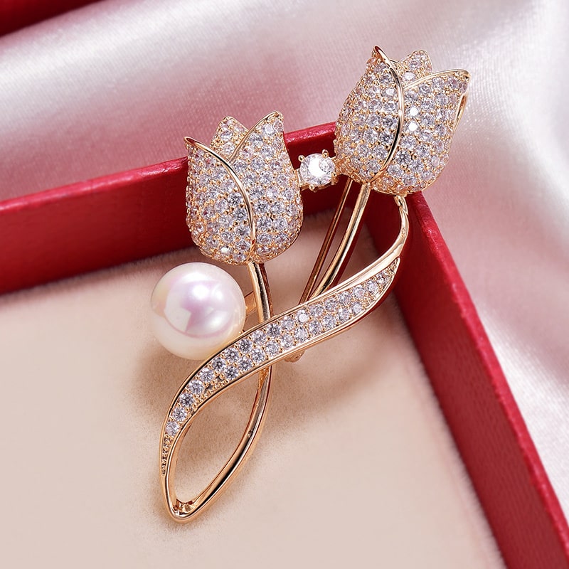 gold tulip flower brooch with imitation pearl and full rhinestone detailing, featuring shiny zircon accents