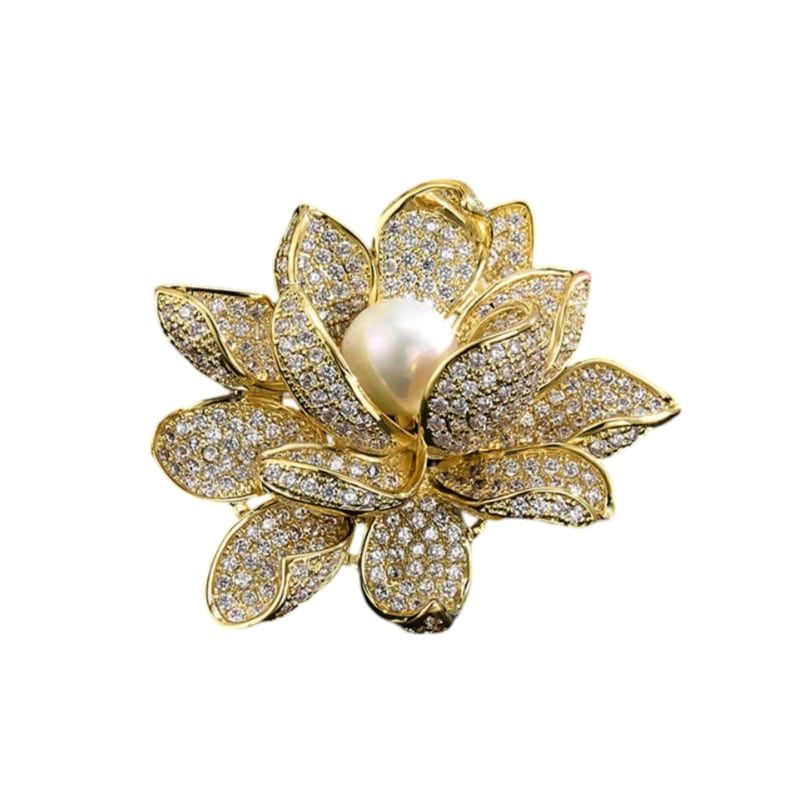 golden lotus flower brooch with white pearl center