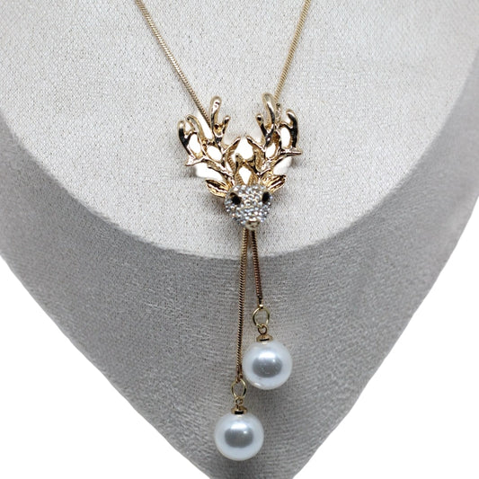 elegant golden stag rhinestones pearl long chain necklace with two pearls