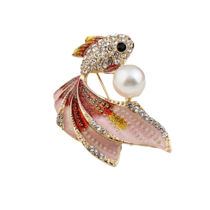 exquisite gold fish rhinestone brooch featuring pink and gold hues, a large pearl, and intricate rhinestone details