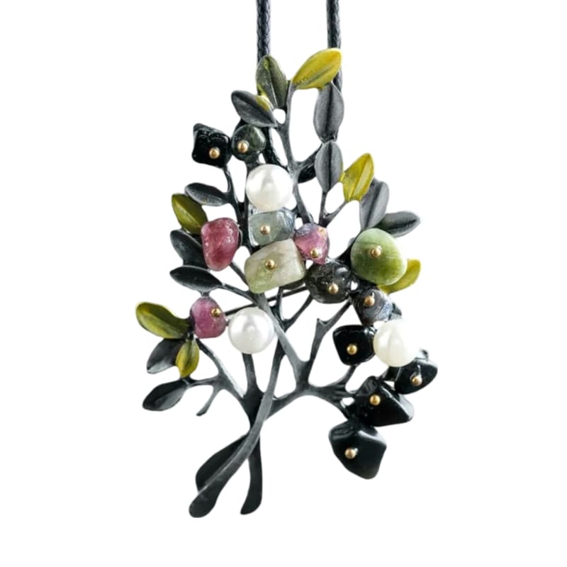 Stand out with the Gothic Natural Stones Long Brooch Necklace, a stunning black and white tree pendant with pink, green, and white flowers