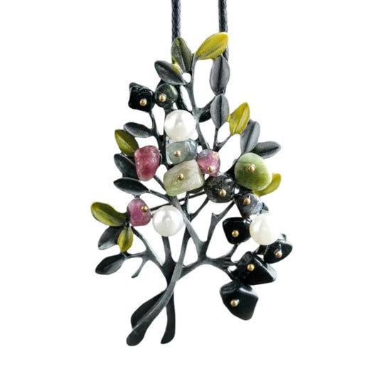 Stand out with the Gothic Natural Stones Long Brooch Necklace, a stunning black and white tree pendant with pink, green, and white flowers