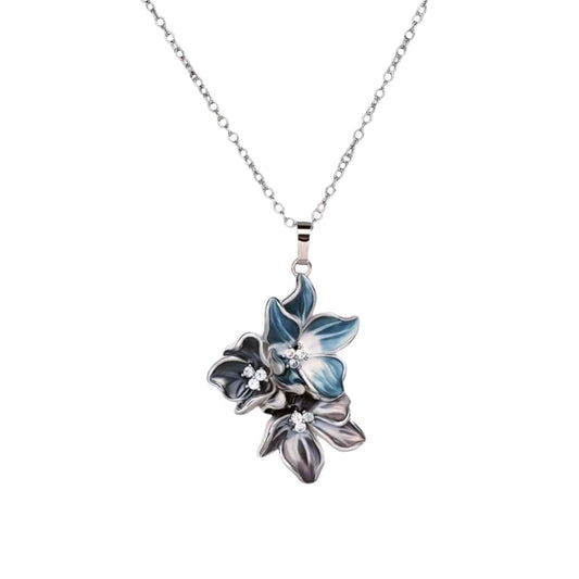 Handmade enamel flower pendant on silver chain, accented with rhinestones for a touch of sparkle