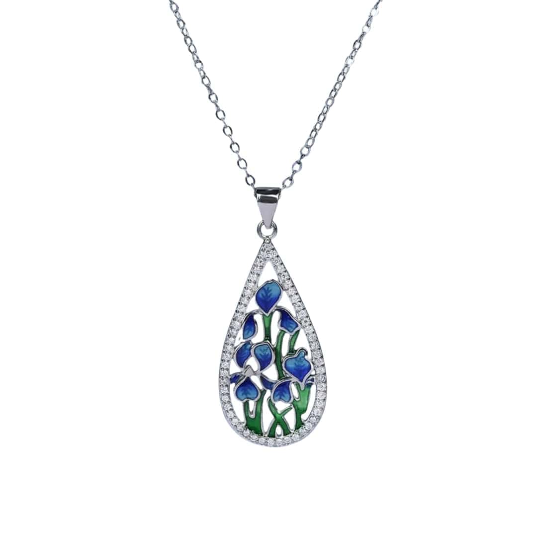 handmade blue and green pendant with flower design, set with zirconia and rhinestones for an elegant finishing look