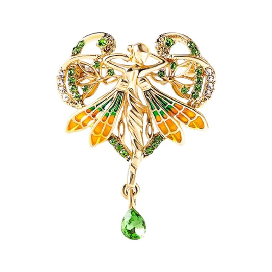 a unique Lady Butterfly Wings Brooch in golden green, and orange