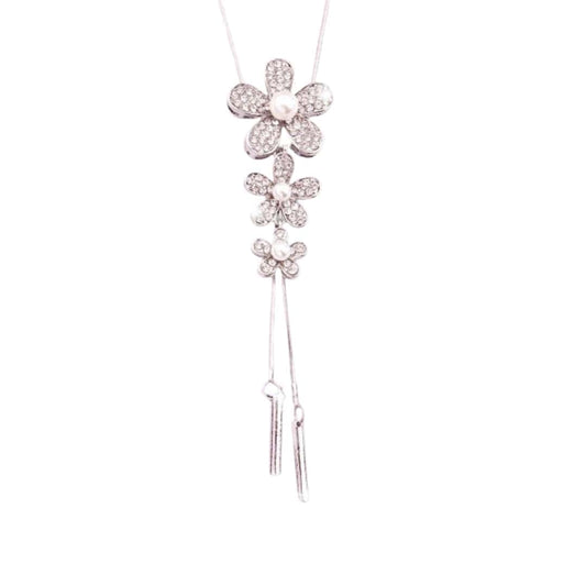 long Chain Flowers Necklace with rhinestones and pearls, a unique and elegant accessory for women