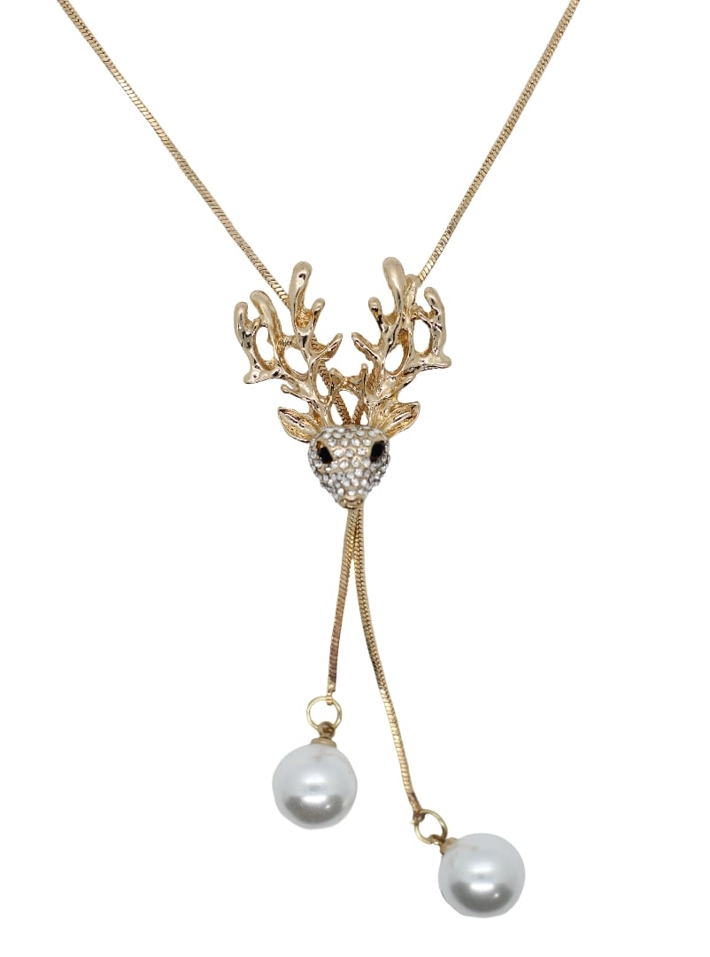 Elegant Golden Stag Rhinestones Pearl Long Chain Necklace