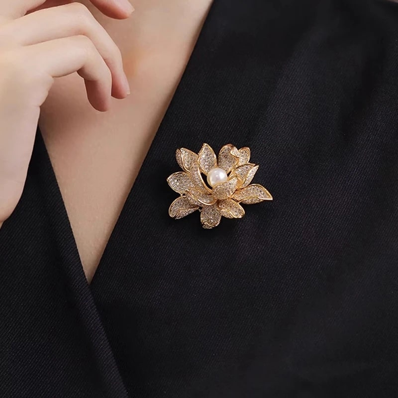  elegant golden lotus flower brooch with white pearl