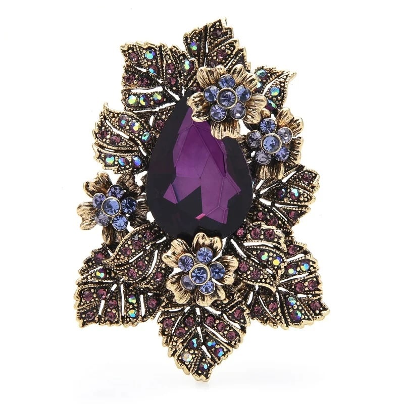 premium purple palace style flower brooch with rhinestones, golden leaves, and purple stone