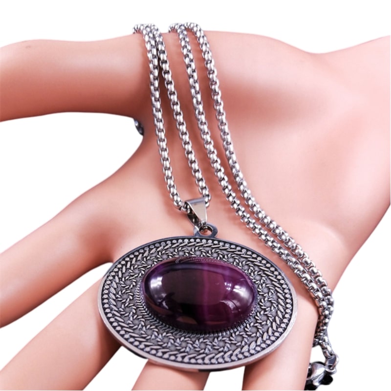 Unique purple stone necklace on silver chain, standing out with elegance and sparkle