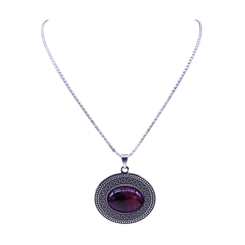 Purple stone pendant on silver chain, unique oval design with sparkling elegance, perfect for any event