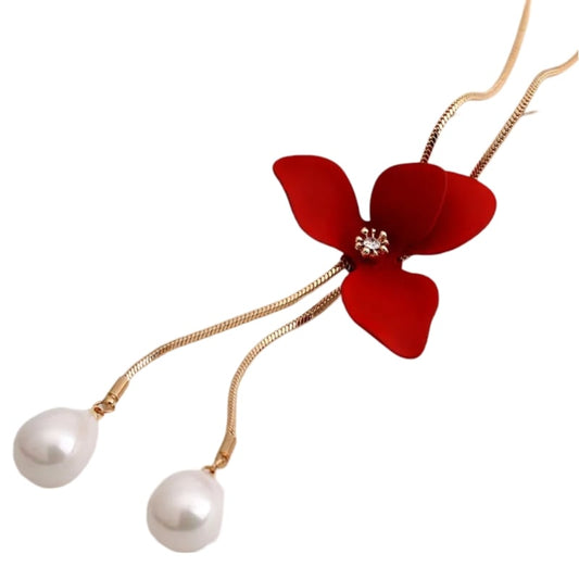 Red flower & pearl necklace on gold chain. Add glamour & style to your look with our unique Red Flower Long Chain Necklace!