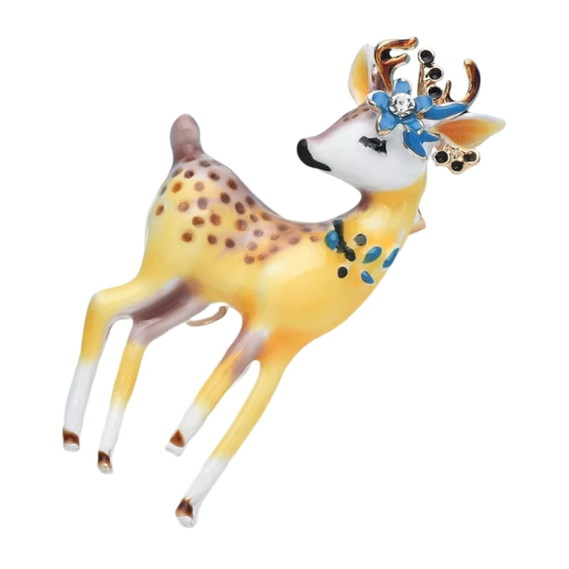 unique christmas deer brooch featuring blue flowers, intricate details, and lean legs