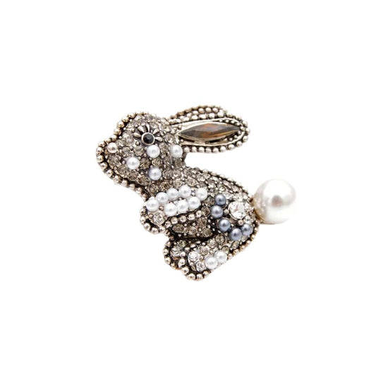 cute silver rabbit brooch adorned with pearls and crystals