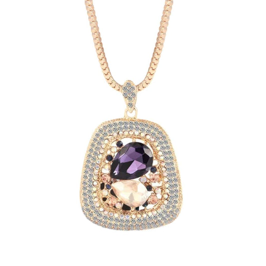 Stand out with the Rhinestone Trapezoid Long Chain Necklace's purple and black pendant with diamonds for a glamorous touch