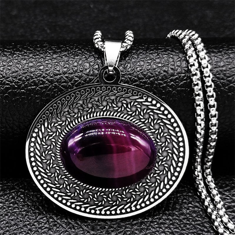 Elegant purple stone pendant on silver chain, adding a dash of sparkle to your ensemble.