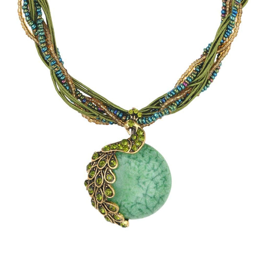 Vintage Beads Peacock Necklace with green and golden pendant and beads