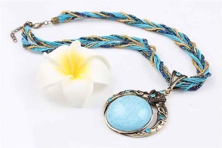 Bohemian Beaded Vintage Necklace with circular glass pendant
