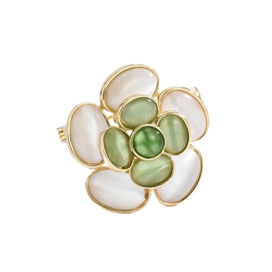 elegant gold and white flower ring with green and white stones like our Vintage Opal camellia brooch